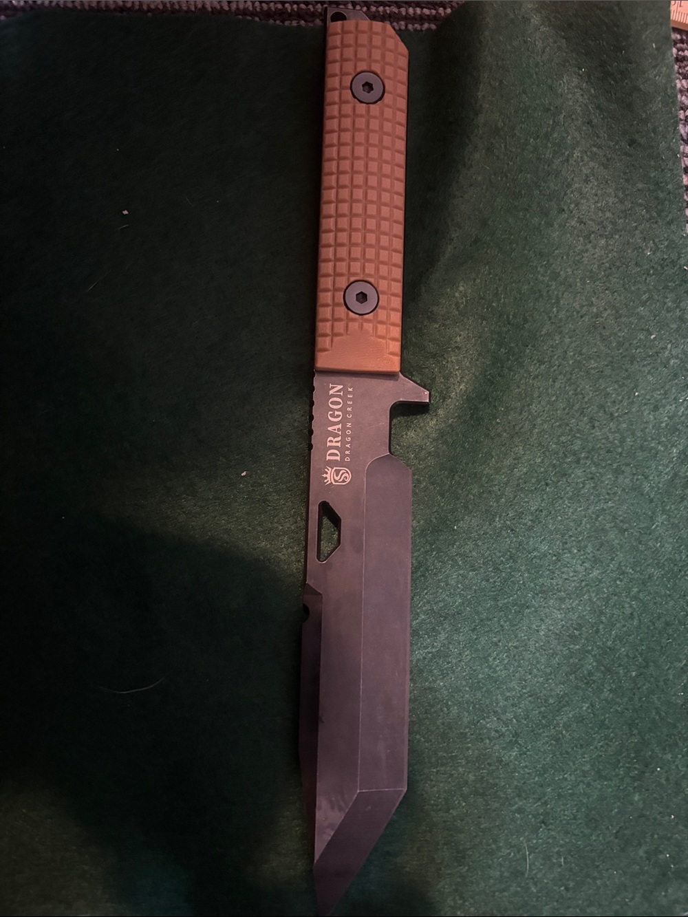 Dragon Creek D2 Steel Tactical Fixed Blade Knife with Tan Handle and Sheath